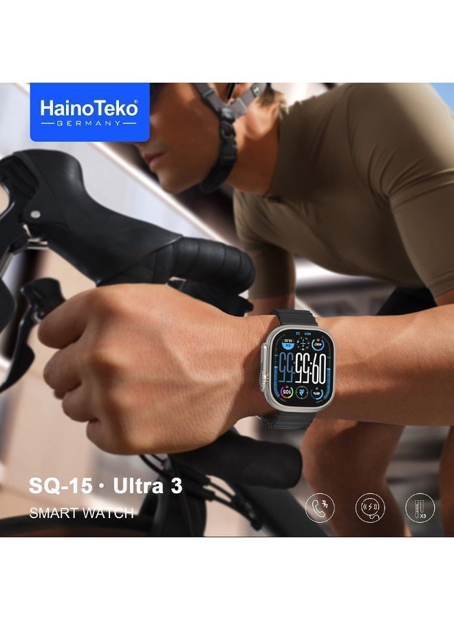 Haino Teko SQ-15 Ultra 3 Smart Watch with AMOLED Display Bluetooth Calling 3 Pair Straps and Charging Cable Designed for Ladies and Gents Black - Image 3